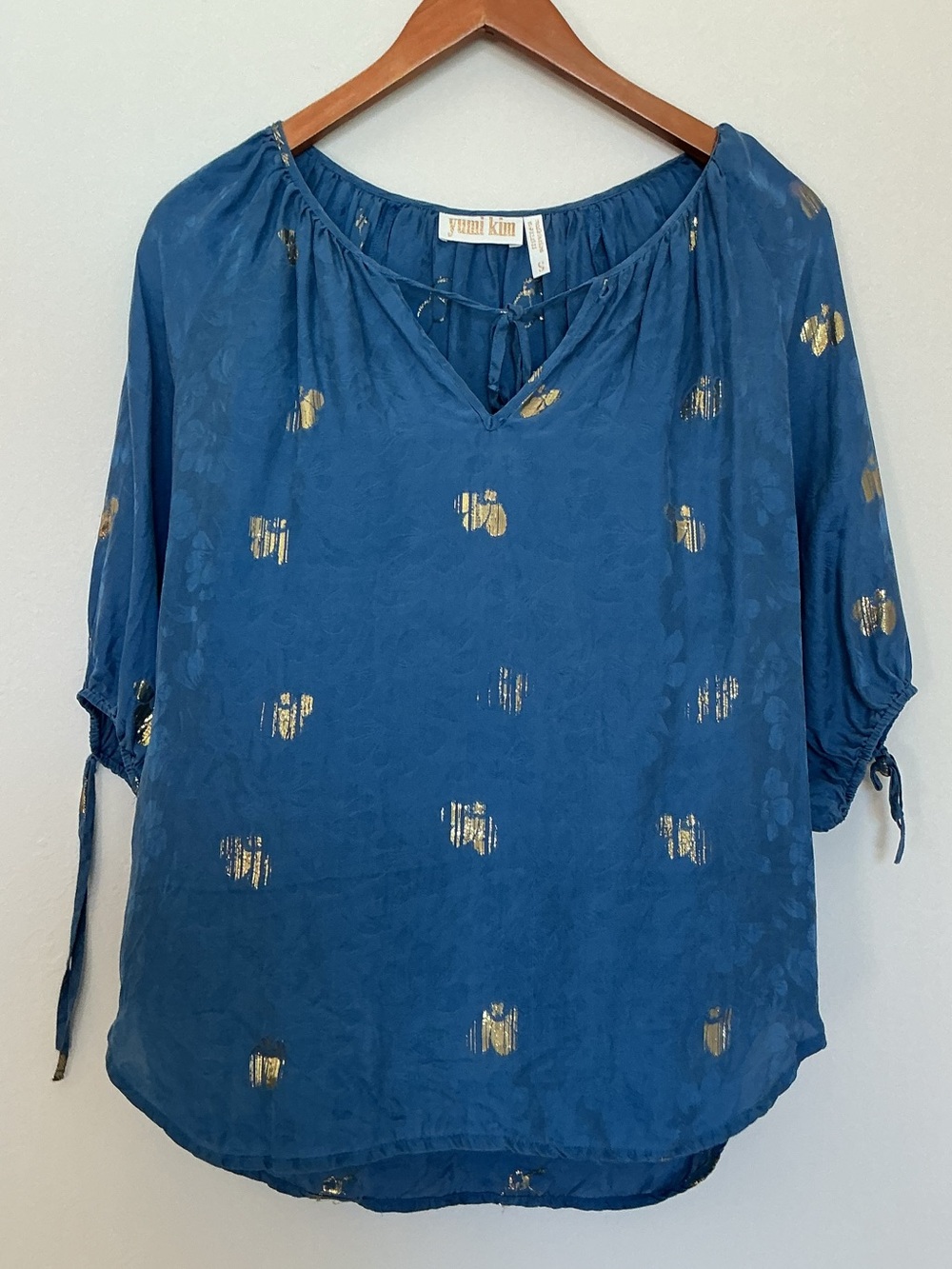 Yumi Kim Blouse Silk Metallic Dot Blue Gold Size S